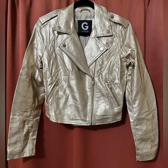 Guess Metallic Gold Moto Jacket Women’s Small Faux Leather - Picture 1 of 10